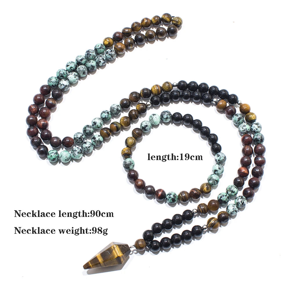 Collar Japa Mala de 108 cuentas de 8mm de Onyx Negro y Turquesa Africana para Meditación, Yoga y Oración. Japamala con Colgante de Ojo de Tigre