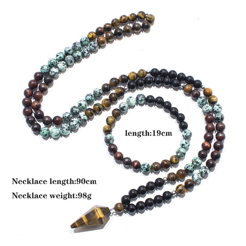 Collar Japa Mala de 108 cuentas de 8mm de Onyx Negro y Turquesa Africana para Meditación, Yoga y Oración. Japamala con Colgante de Ojo de Tigre