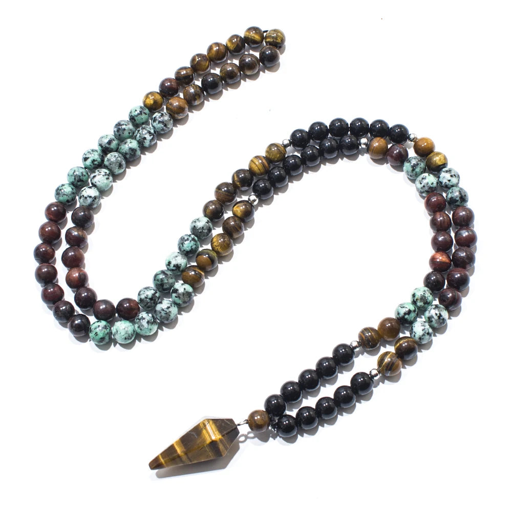 Collar Japa Mala de 108 cuentas de 8mm de Onyx Negro y Turquesa Africana para Meditación, Yoga y Oración. Japamala con Colgante de Ojo de Tigre