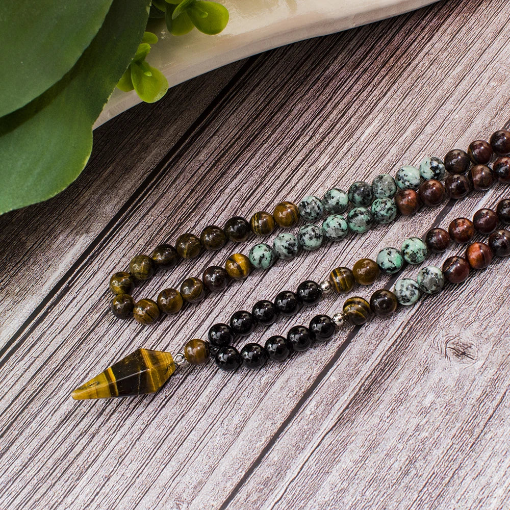 Collar Japa Mala de 108 cuentas de 8mm de Onyx Negro y Turquesa Africana para Meditación, Yoga y Oración. Japamala con Colgante de Ojo de Tigre