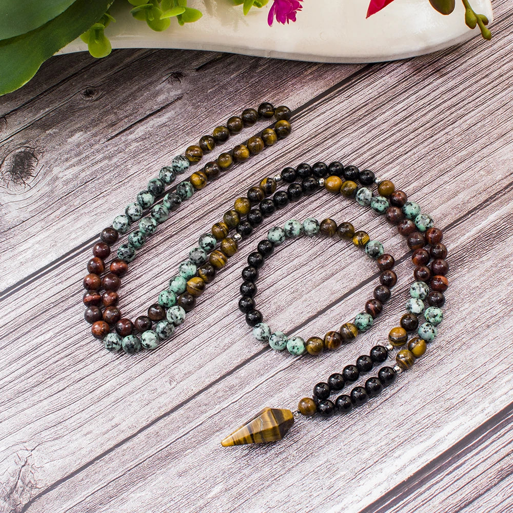 Collar Japa Mala de 108 cuentas de 8mm de Onyx Negro y Turquesa Africana para Meditación, Yoga y Oración. Japamala con Colgante de Ojo de Tigre