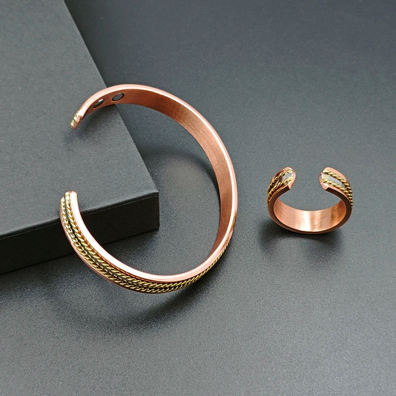 Set Ancestral de Cobre Puro: Brazalete y Anillo Magnético Ajustable