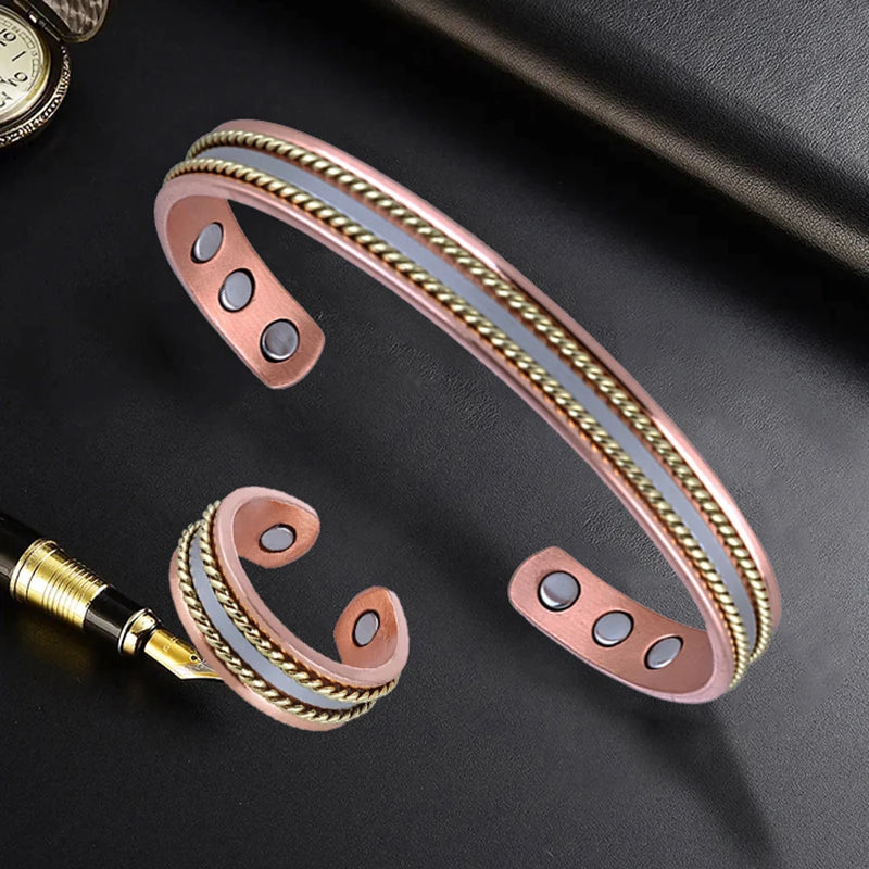 Set Ancestral de Cobre Puro: Brazalete y Anillo Magnético Ajustable