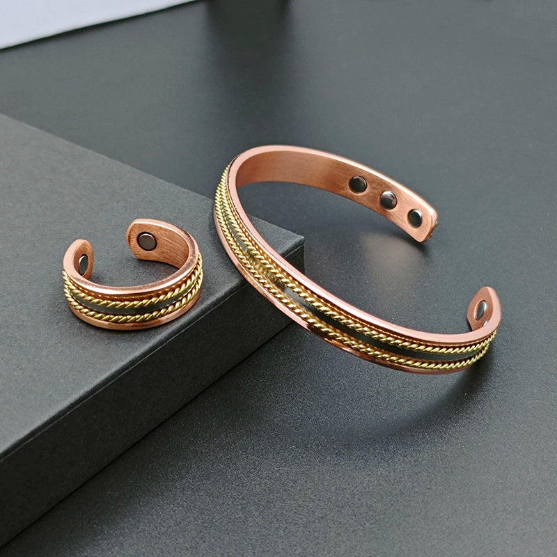 Set Ancestral de Cobre Puro: Brazalete y Anillo Magnético Ajustable