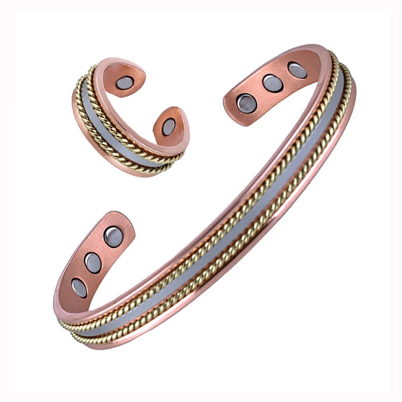 Set Ancestral de Cobre Puro: Brazalete y Anillo Magnético Ajustable