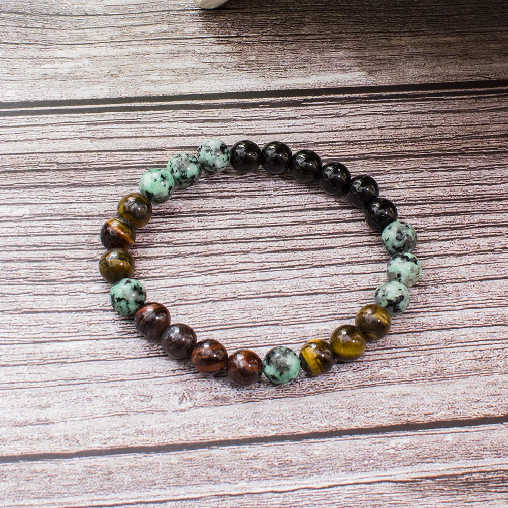 Collar Japa Mala de 108 cuentas de 8mm de Onyx Negro y Turquesa Africana para Meditación, Yoga y Oración. Japamala con Colgante de Ojo de Tigre