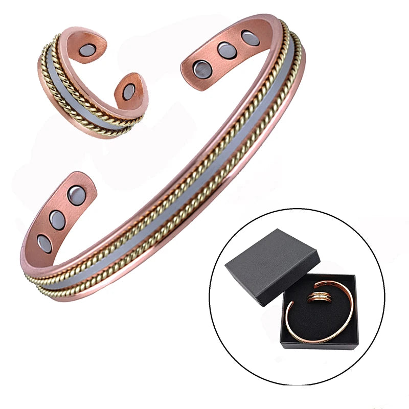 Set Ancestral de Cobre Puro: Brazalete y Anillo Magnético Ajustable