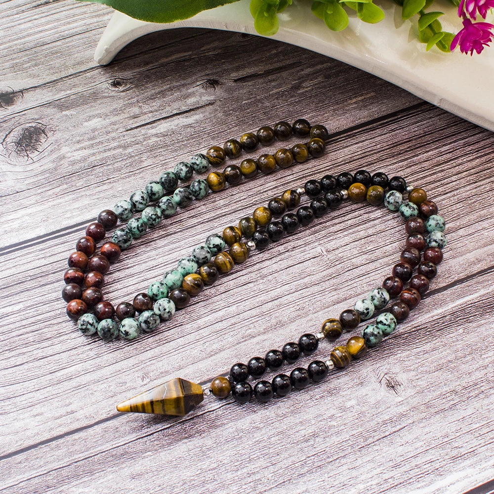Collar Japa Mala de 108 cuentas de 8mm de Onyx Negro y Turquesa Africana para Meditación, Yoga y Oración. Japamala con Colgante de Ojo de Tigre