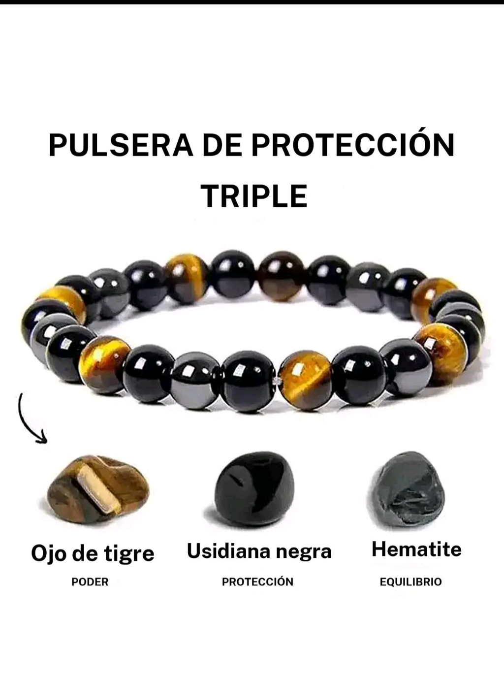 Pulsera de triple protección con OJo de Tigre, Hematita y Obsidiana