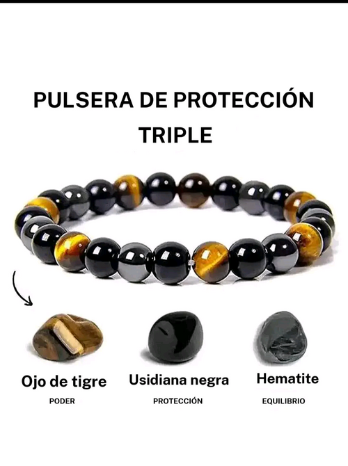 Pulsera de triple protección con OJo de Tigre, Hematita y Obsidiana