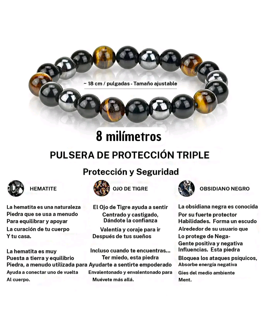 Pulsera de triple protección con OJo de Tigre, Hematita y Obsidiana